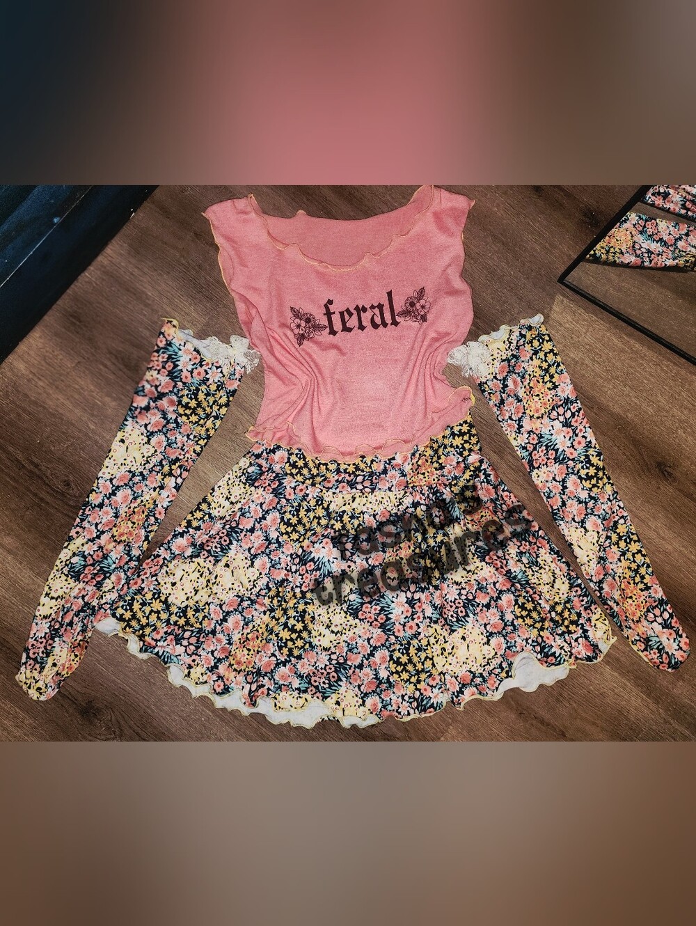 Feral Skirt Set Floral Knee High Socks Top Skirt Sexy Cute Handmade Couquette
